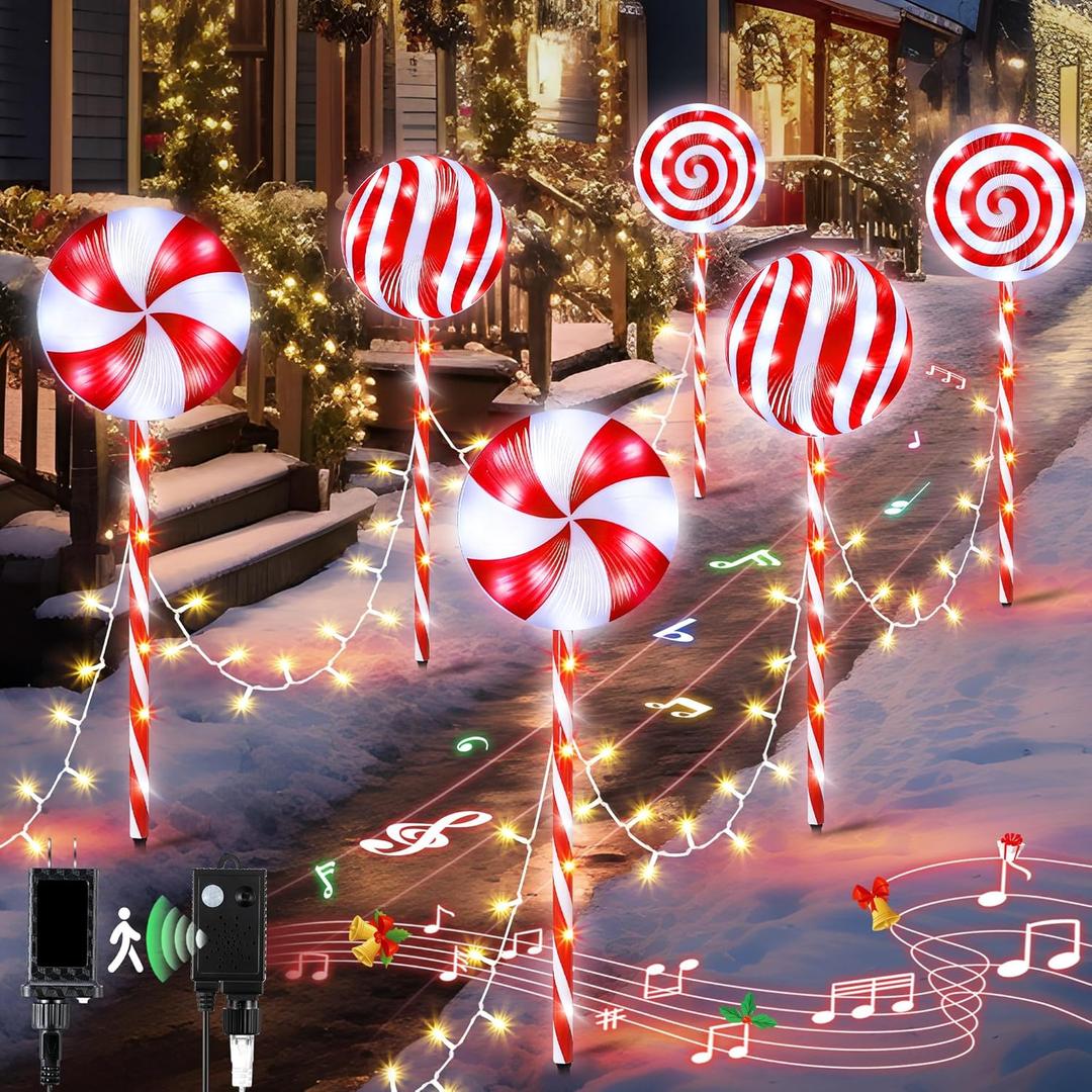 Christmas Lollipop Pathway Lights Outdoor, 27.5 Inch Peppermint Pathway Lights, Set of 6 Outdoor Christmas Decorations with 5 Modes and Music for Holiday Patio Yard Garden(Red)