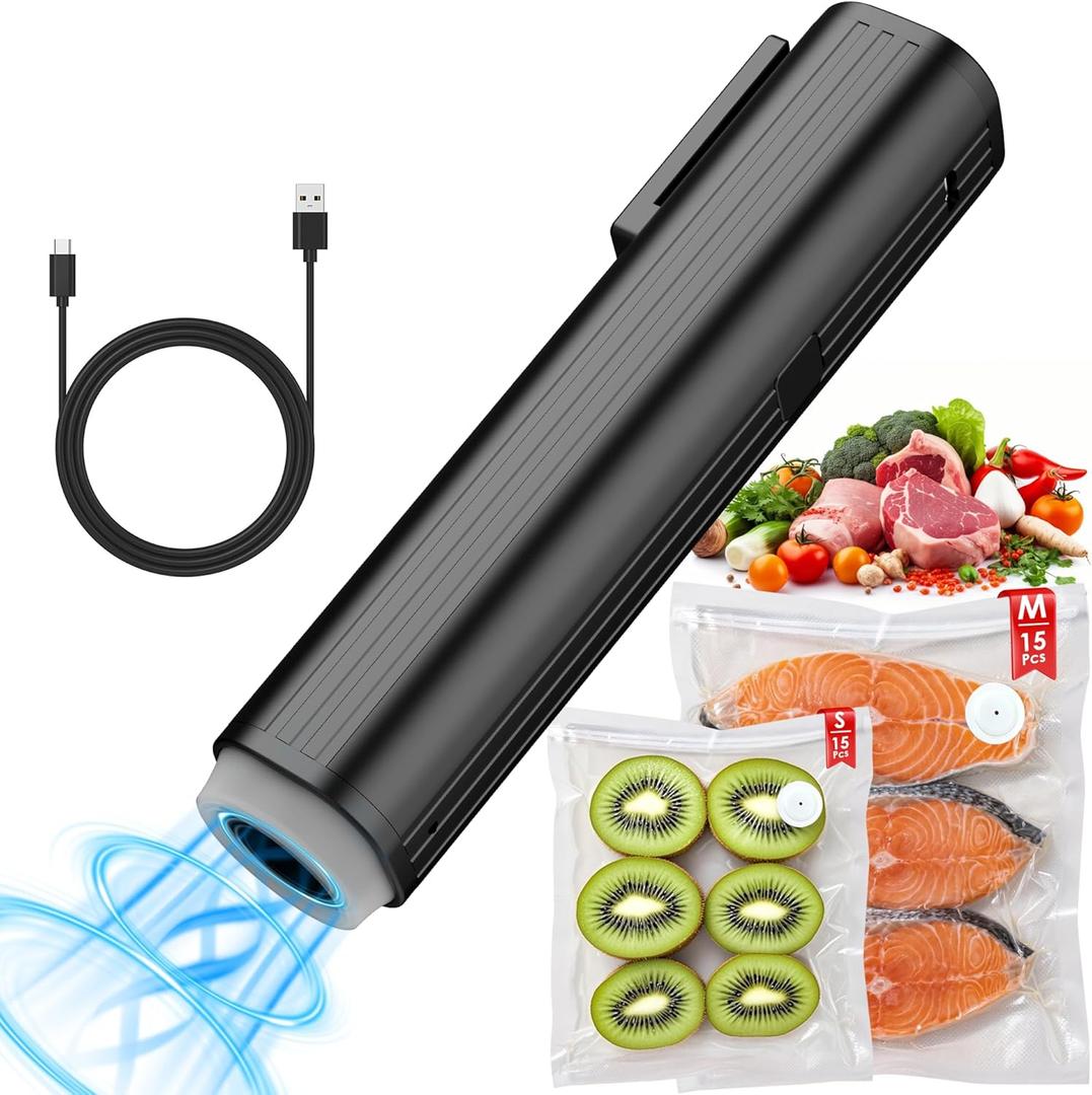 Elxis Vacuum Sealer, Portable handheld Vacuum Sealer + 30 Reusable Vacuum Bags, Portable Food Sealer, With LED pressure display, 2-Speed Pressure Control (60/80 Kpa)
