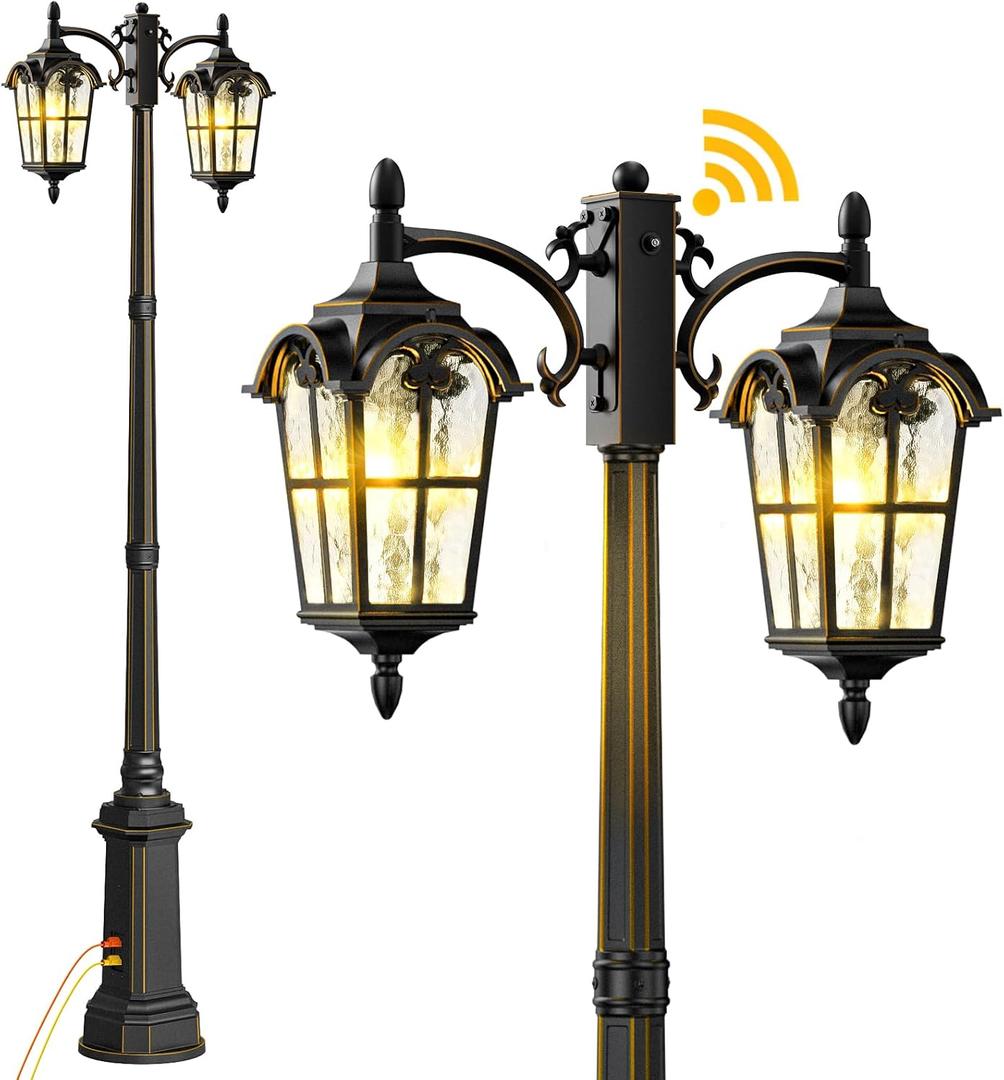 Outdoor Lamp Post Light with GFCI Outlet, Dusk to Dawn Black Outside Pole Lights, Double Head Exterior Street Lighting Fixture for Backyard Driveway Garden Patio Pathway (1)