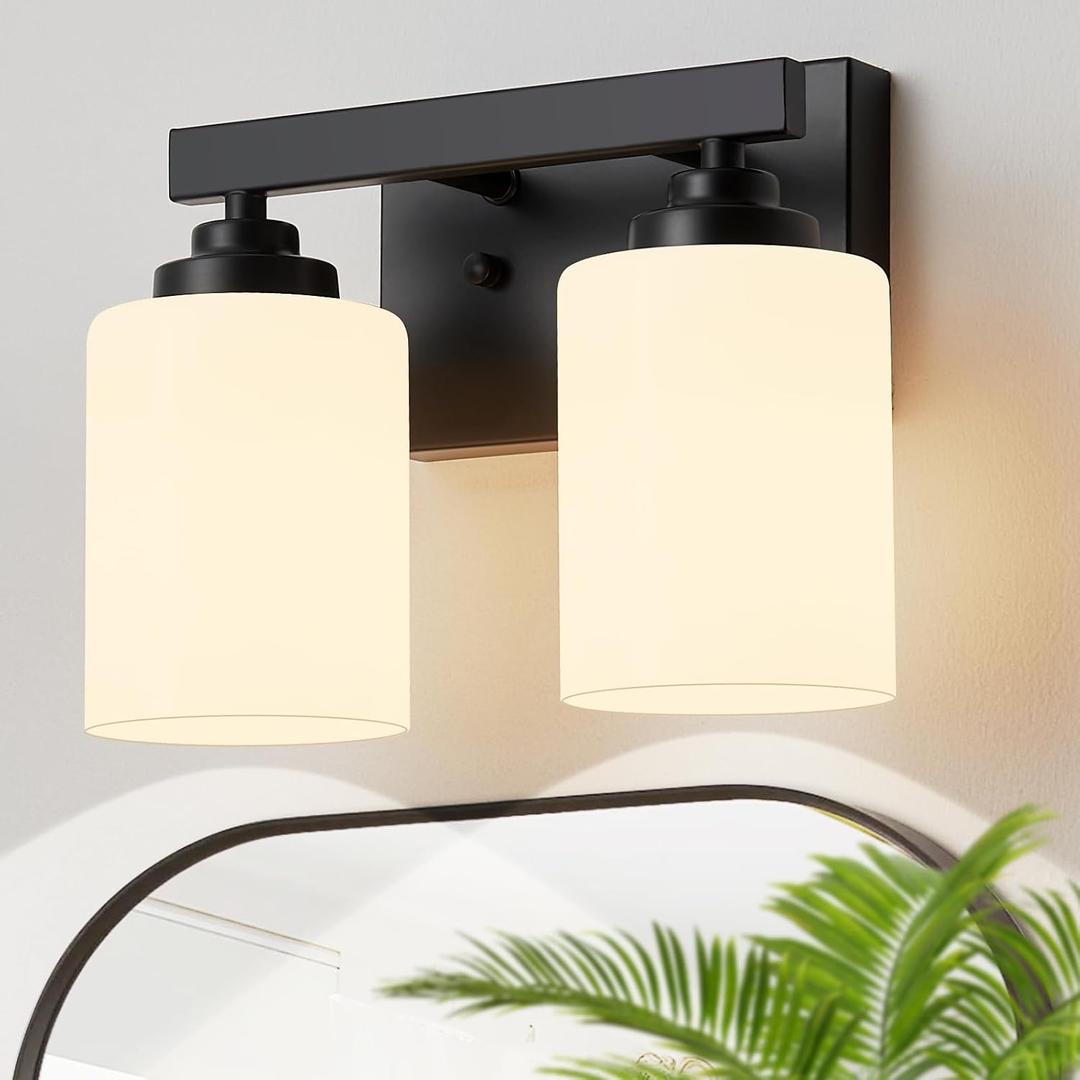 Bathroom Light Fixtures Over Mirror,2-Light Matte Black Wall Sconce Vanity Lights with Milk White Frosted Glass Shades for Bathroom,Vanity Lighting Fixtures for Bath
