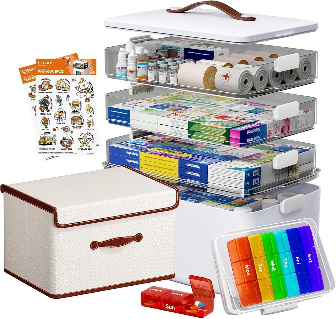 Medicine Storage Organizer, 4-Tier Medicine Box with 7-Day Pill Case and Bottle Storage Bin, Clear Trays and Carry Handle, First Aid Storage Case for Home Cabinet