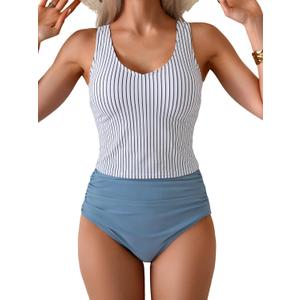 Eomenie Two Piece Tankini Swimsuits for Women Tummy Control Bathing Suits Cutout Back Swim Tank Top with High Waisted Bottom (Small, Blue and White Strip)