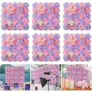 Flower Wall Backdrop 6 Piece of 16.5x16.5 Inch Artificial Floral Wall Panel Faux Silk Rose Wall Decor Ideal for Wedding Celebrations, Festive Party Backdrops, and Home Decor-Pink and Purple