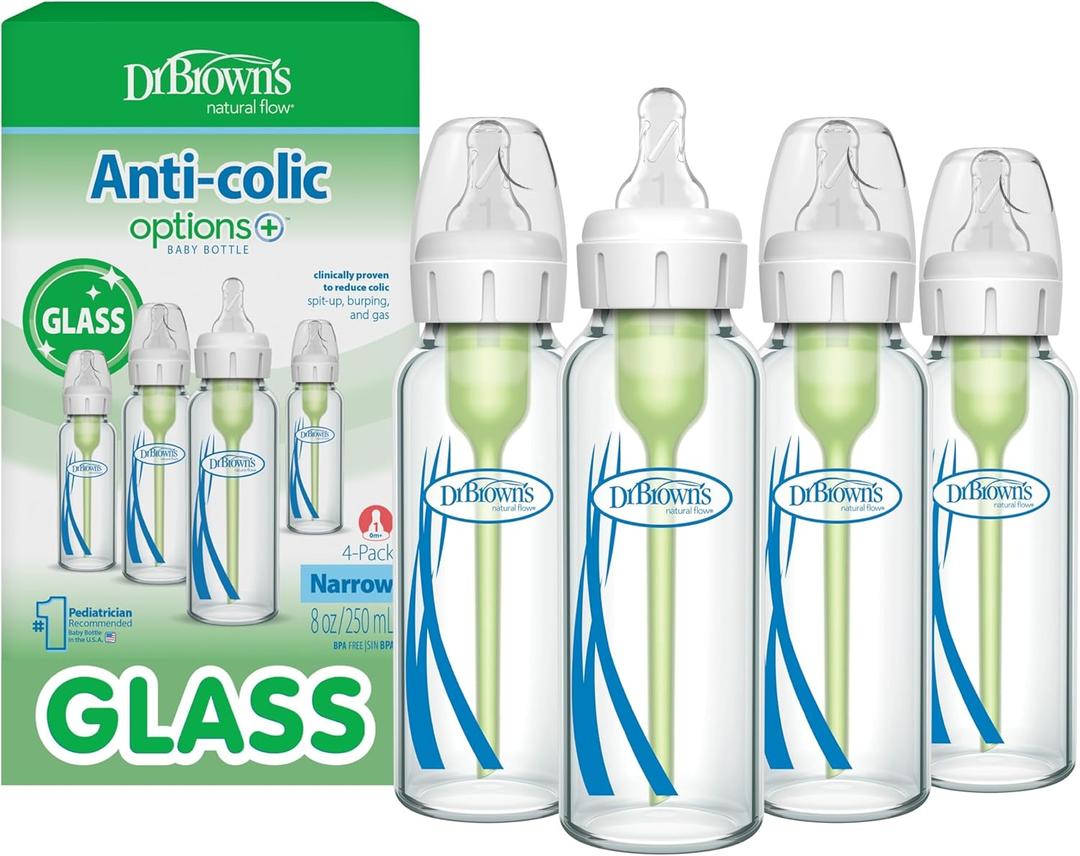 Dr. Brown's Anti-Colic Options+ Narrow Glass Baby Bottle with Level 1 Slow Flow Nipple, BPA-Free, 8 oz/250 mL, 0m+, 4-Pack 
