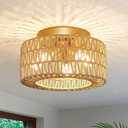 Rattan Light Fixtures Ceiling Mount, 3-Lights Boho Flush Mount Ceiling Light, Hand-Woven Cage Shade Lamp Lighting, Rustic Rattan Chandelier for Hallway Bedroom Kitchen Farmhouse Foyer Entryway (Gold) (Small)