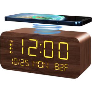Digital Alarm Clock, with Wooden Electronic LED Time Display, 3 Alarm Settings, 10W Wireless charging, Day of the week, Temperature Detect, Wood Made Digital Clocks for Office, Bedroom, Bedside, Brown