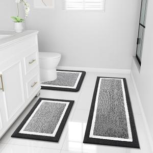 OLANLY Bathroom Rugs Sets 3 Piece, Soft Absorbent Microfiber Bath Mats and U-Shaped Contour Toilet Rug, Home Decor Accessories, Non-Slip, Bath Mat Set for Bathroom (47"x20"+24"x16"+24"x20", Black)