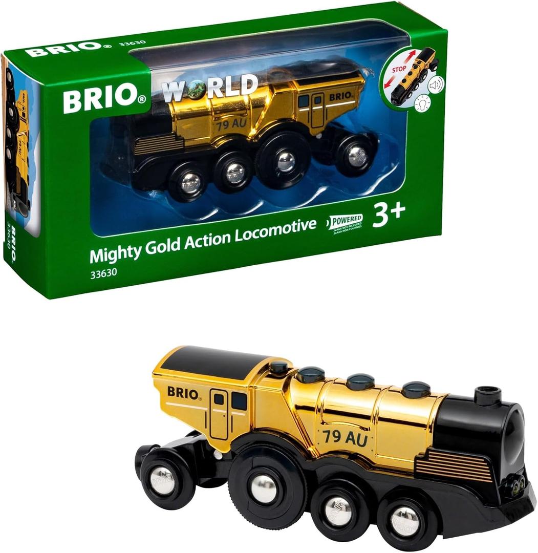 BRIO World Mighty Golden Action Locomotive - Battery Operated Toy Train for Wooden Track - Motorized Train with Lights & Sound - Works with All BRIO Sets - Exciting, Interactive Play - Ages 3 & Up