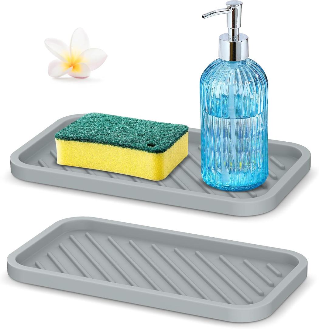 Silicone Sponge Holder for Kitchen Sink - 2 PCS Thicker Heavier Sink Tray, Kitchen Soap Dispenser Tray (M(10"5.1"), Gray)