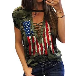We The People 1776 T Shirt American Flag Patriotic Tee Tops for Women 4th of July Ring Hole Short Sleeve Sexy V-Neck Tshirt.M