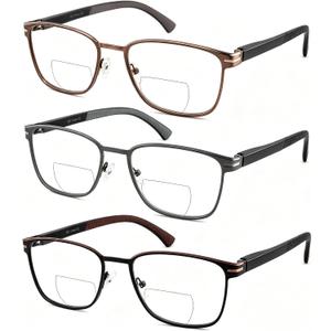 3 Pack Metal Bifocal Reading Glasses Blue Light Clear Top Spring Hinge Eyeglasses for Men Women, +2.50