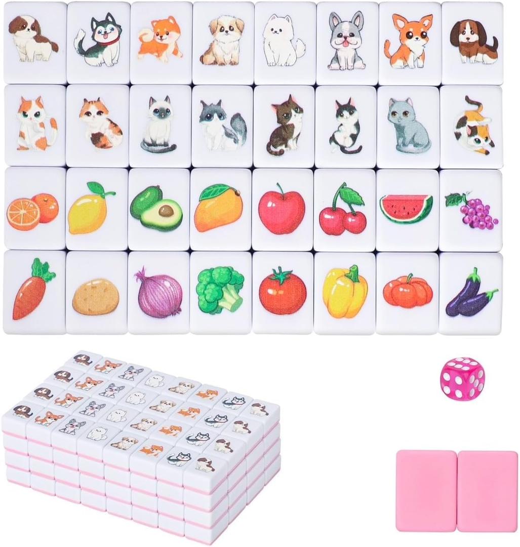 GRACIAS 4 Players Mahjong Block Set, 128 Pink Tiles(1.18) with Animal and Food Pattern, Portable Mahjong Set with A Carry Bag, Mahjong Tile Game