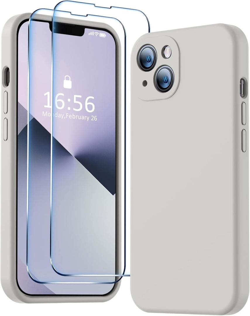 BossKiss Compatible with iPhone 14 Case, Silicone Upgraded [Camera Protection] [2 Pcs 9H Screen Protector], Soft Anti-Scratch Microfiber Lining, 6.1 inch, Stone