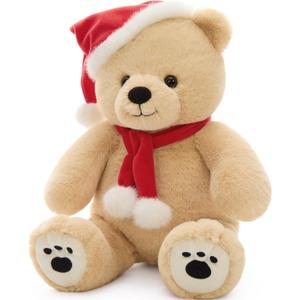 Tezituor Christmas Teddy Bear Stuffed Animals, 18inches Big Stuffed Bear with Santa Hat & Scarf for Kids Women, Soft Christmas Plush Toys for Decoration, Brown