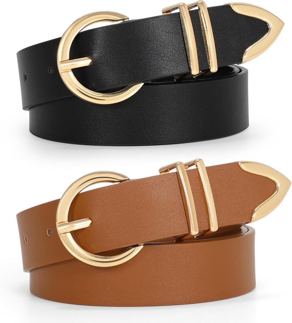 VONMELLI 2 Pack Women's Leather Belts for Jeans Dresses Fashion Gold Buckle Ladies Belt (Brown)