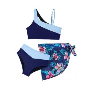 blibean Tween Girls Bikini Swimsuit Big Kids Cute Bathing Suit Three Piece Colorblock Hawaiian Matching Swim Set Vacation Traje de Bao para Nias with Skirt Size 8-9 Dark Blue (L)