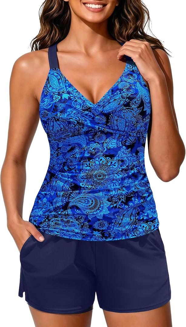Yonique Women Underwire Tankini Swimsuit with Shorts - Two Piece Tummy Control Bathing Suit 2025 Swimwear with Pockets, Blue Paisley,  XXL