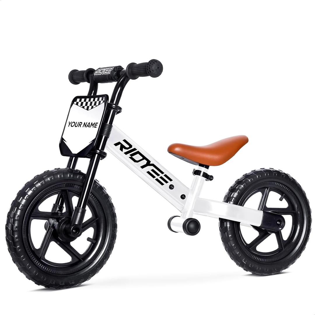 Toddler Balance Bike 2 Year Old, Kids Balance Bike for 2 to 5 Year with Tool-Free Adjustment, Limited Steering, Footrest, Custom Name Plate with Stickers, Gift Bike for 2-3 Boys (White)