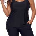 Plus Size Tankini Swimsuits - Athletic Two Piece Bathing Suits with Short for Women Swimwear with Pockets (Black)