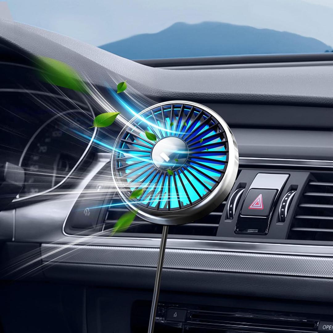 USB Car Vent Fan to Boost Cold Air in the Vehicle SUV Van RV Pickup Truck, Powerful 3 Speed Portable Car Cooling Clip Fan With Colorful Light Quiet Brushless Motor 360 Rotation