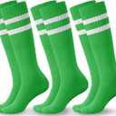 Haloumoning 3 Pairs Boys Soccer Athletic Socks Kids Striped Football Knee High Uniform Sports Tube Socks 4-15 Years (Green, M)