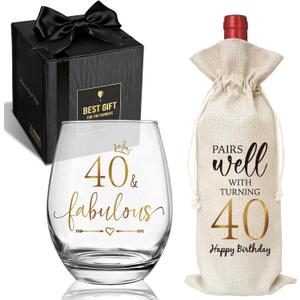 40& Fabulous Stemless Wine Glass Bag Birthday Gifts Set for Women Men, Elegant 40th Bday Decorations wine glass bag for Her Him, Funny birthday Glasses gift set for Family Friends Coworkers-56