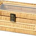 Rattan Box with Clear Lid Wooden Frame Decorative Handmade Boho Woven Rattan Wicker Baskets Cane Bins Keepsake Memory Jewelry Boxes Desk Shelf Closet Organizer Container (Natural, Small)