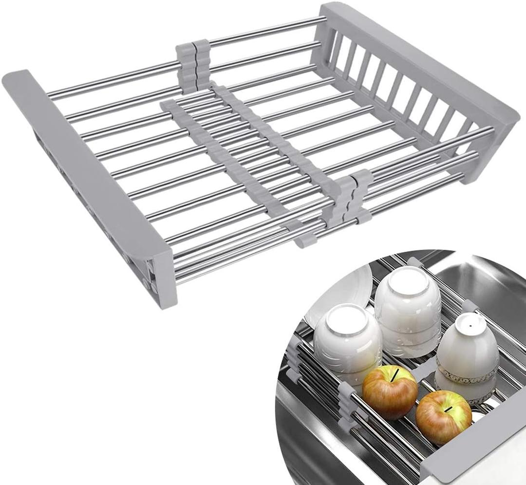 LUEXBOX Expandable Dish Drying Rack Over The Sink, Stainless Steel Drainer Basket with Adjustable Arms for Vegetable and Fruit (Grey) (Gray)