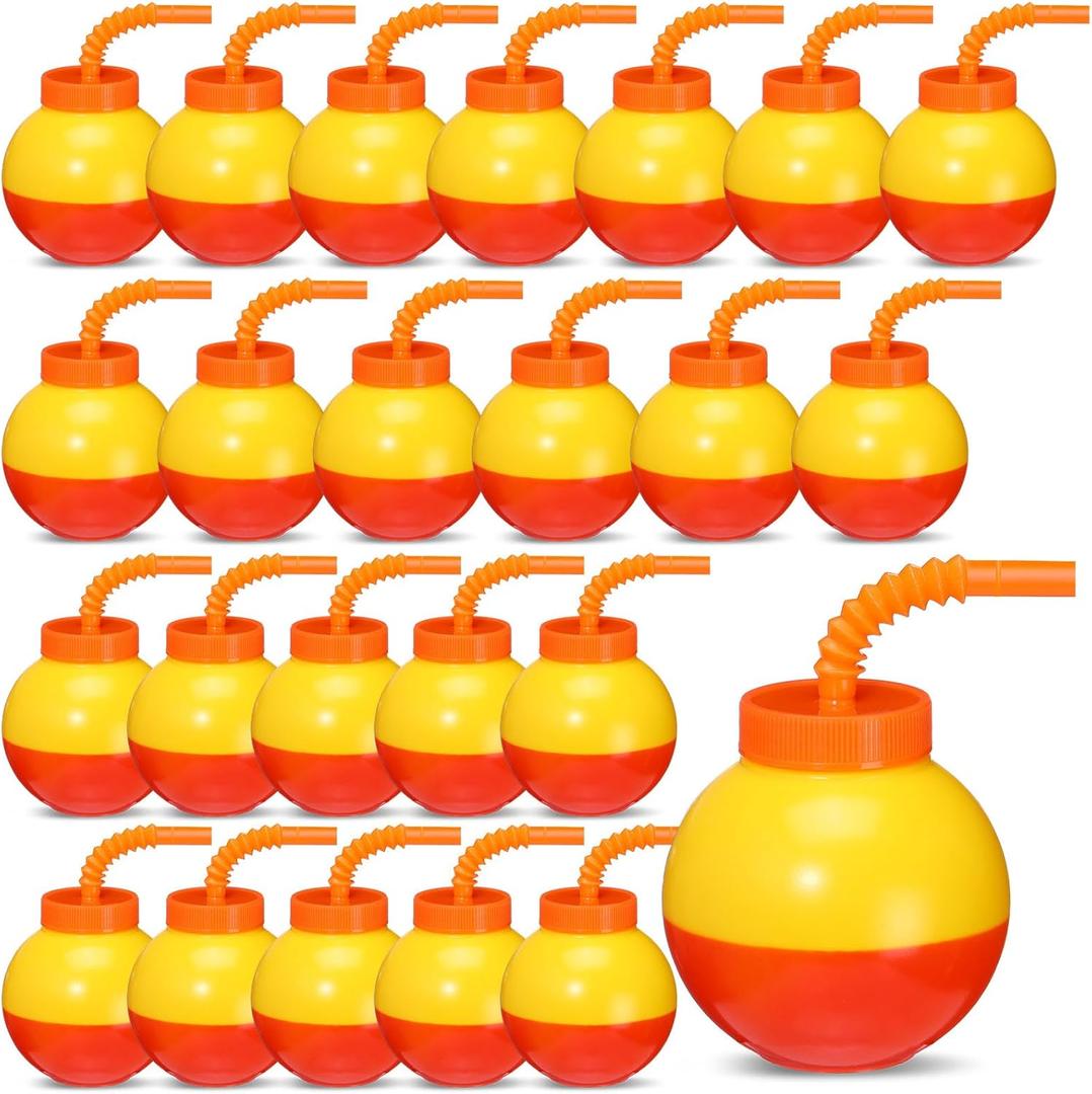Amyhill 24 Set Fishing Bobbers Cups with Straws and Lids Red and Yellow Fishing Birthday Party Decorations 10 oz Plastic Cups for Kids Fishermen Birthday Party Favor
