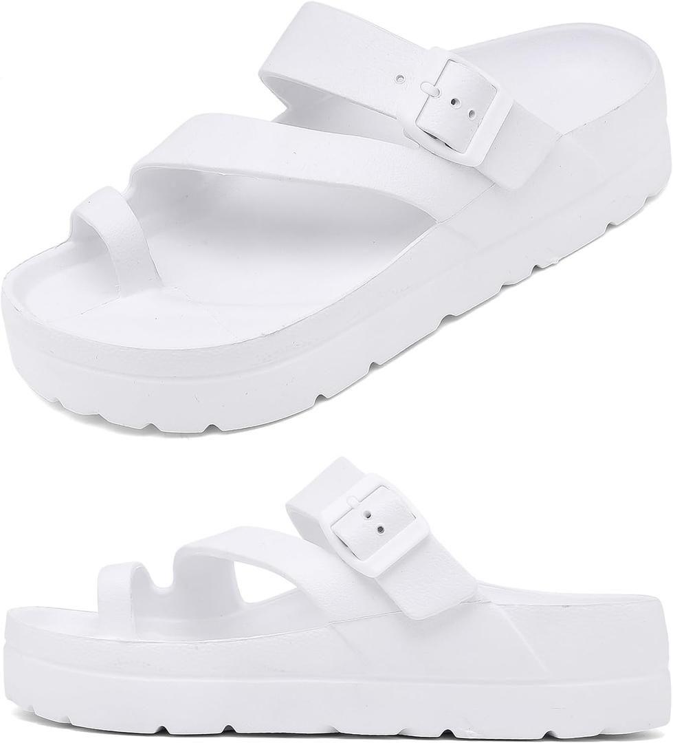 Womens Platform Sandals with Arch Support, Adjustable Buckle Beach Sandal Woman Comfort Lightweight Ultra Cushion EVA Slides (7, Clip Toe Ring Straps-white)