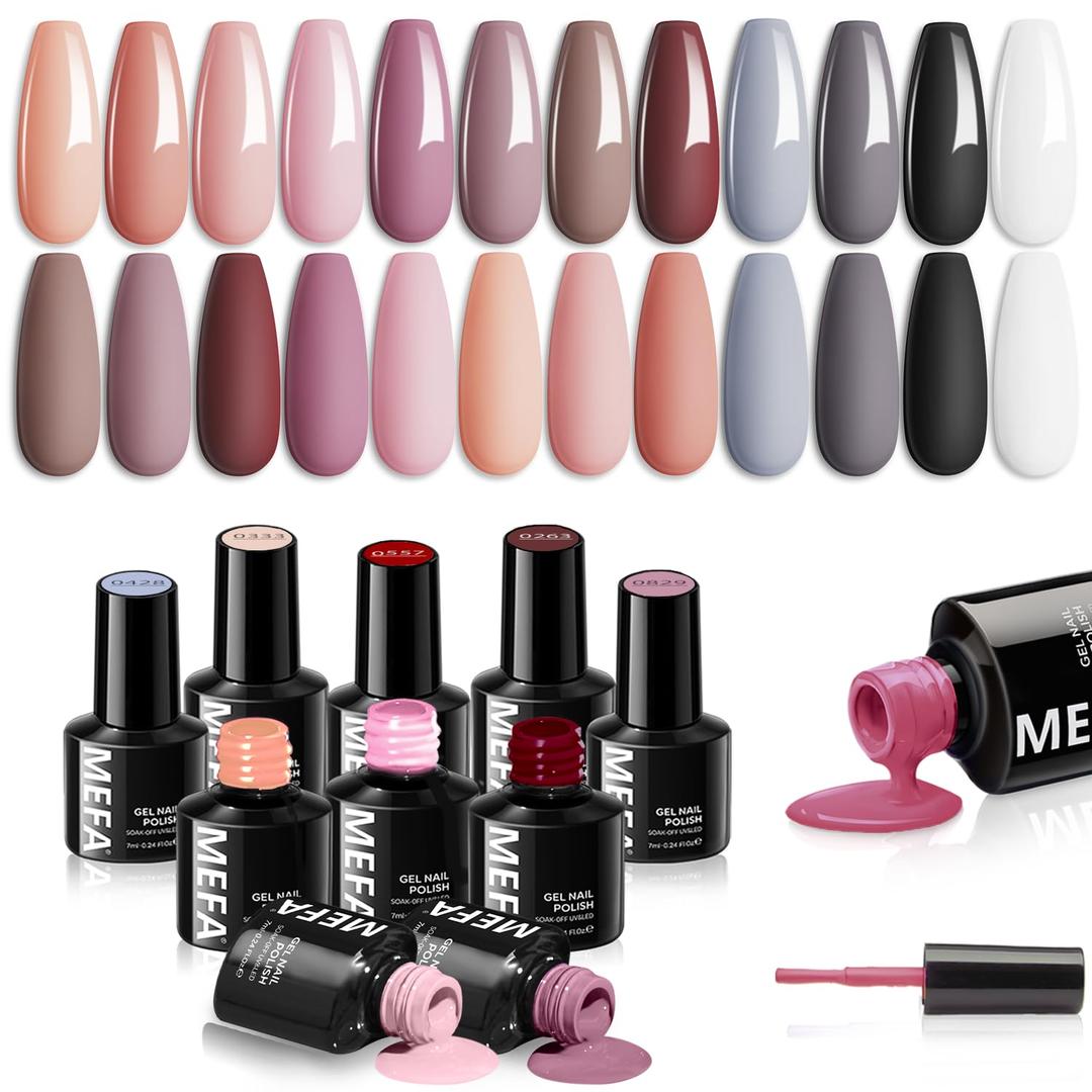 MEFA 12 Colors Fall Gel Nail Polish Set, Purple Burgundy Red Brown Gray Gel Nail Polish Fall Winter Colors Collection Nail Art Manicure DIY Salon Home Gifts for Women Girls