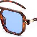 FEISEDY Vintage Square 70s Flat Aviator Sunglasses Women Men Classic Retro Stylish Frame UV400 Sunglasses B2622 (017 Leopard Frame & Blue Lens)