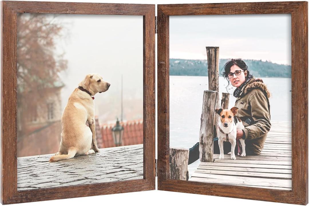 FOREV 8x10 Double Picture Frame Wooden Hinged Photo Frame Definition Glass Stand Vertically on Desktop or Tabletop Rustic Wood