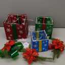 3PCS Christmas Lighted Gift Boxes Pre-Lit Present Boxes Ornament with Snowy Flocking Pine Cone Berry Bowknot, Luminous Xmas Tree Skirt Ornament for Indoor Party Holiday, Christmas Decor (Snowflake)