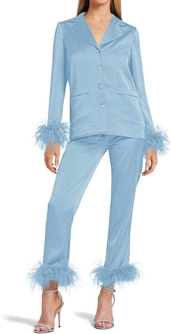 Women's Silk Satin Pajama Set Feather Trim Bridal Long Sleeve Pocketed Lounge Sets Sleepwear (Large, Blue)