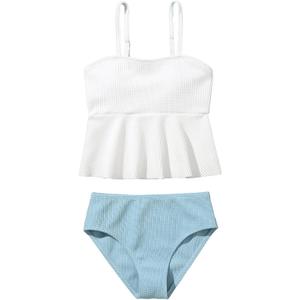 SHENHE Girl's 2 Piece High Waisted Ruffle Waffle Swimsuit Bathing Suit Bikini Sets Blue White 11-12Y