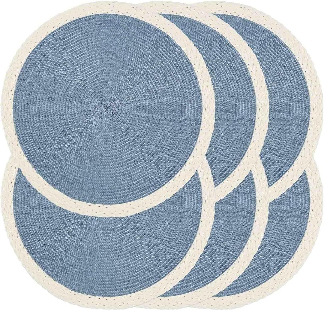 Noctiflorous Round Braided Placemats Set of 6 Table Mats 15 Inches Washable Heat Resistant for Dining Table Non-Slip Indoor Outdoor Place Mats for Easter(02 White Edge Blue 6)