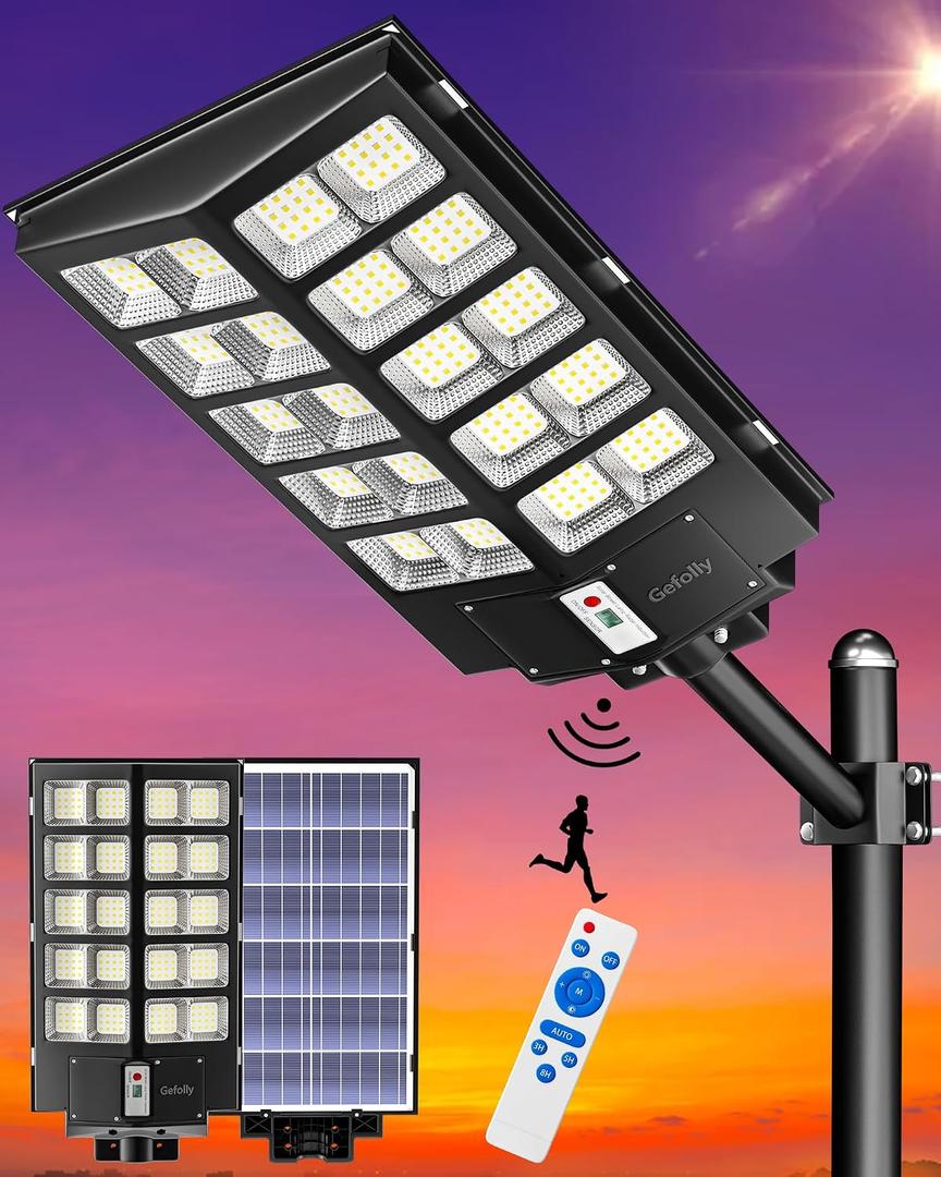 Gefolly SL-5200W Solar Street Lights Outdoor, 520000LM Commercial Parking Lot Light, 6500K Dusk to Dawn IP67 Security Flood Lights Motion Sensor Led Lamp for Basketball Court, Road, Yard