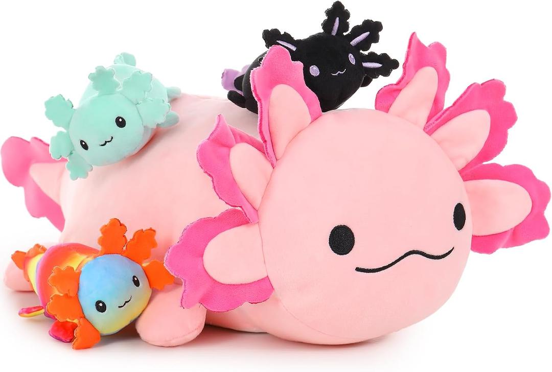 BENINY 4Pcs Axolotl Plush Set - 24 Inch Large Pink Mommy with 3 Babies, Soft Pillow Stuffed Animals for Decor or Gift, Safe for Girls & Boys