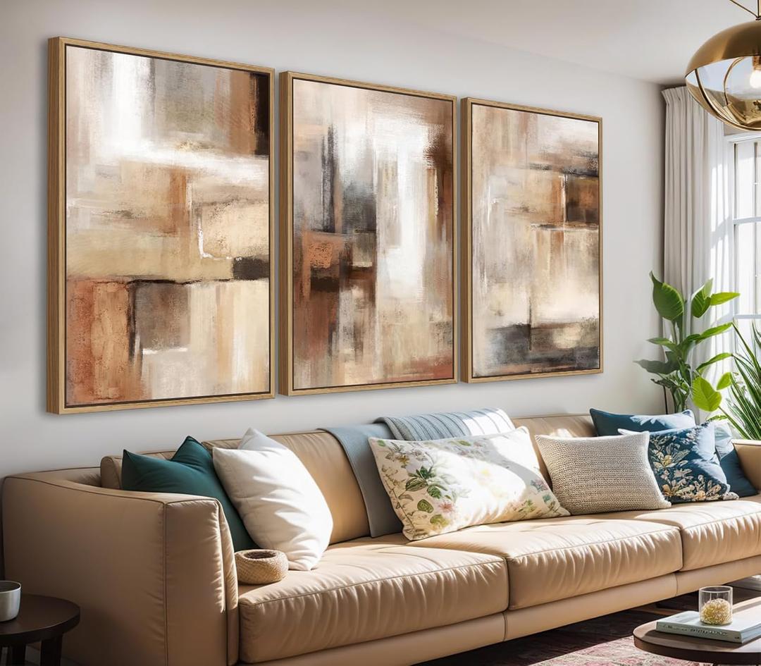 Large Framed Canvas Wall Art - Natural Float Framed Brown Abstract Pictures for Living Room Decor Modern Black Abstract Painting Artwork Prints for Bedroom Kitchen Home Office Decor 60" X 28" Set of 3, 20" X 28" X 3pieces Framed