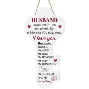 Husband Gifts Fathers Day Birthday Anniversary Valentines Decorations Gifts for Him Home Office Bedroom Decor Key Shape Hanging Wooden Sign, Pack of 3