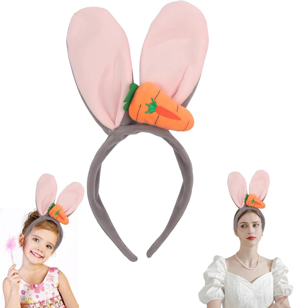 2 x CHARMARK Rabbit Ears Headband Grey, Cute Bunny Ears Headbands with Carrot Costume Headwear