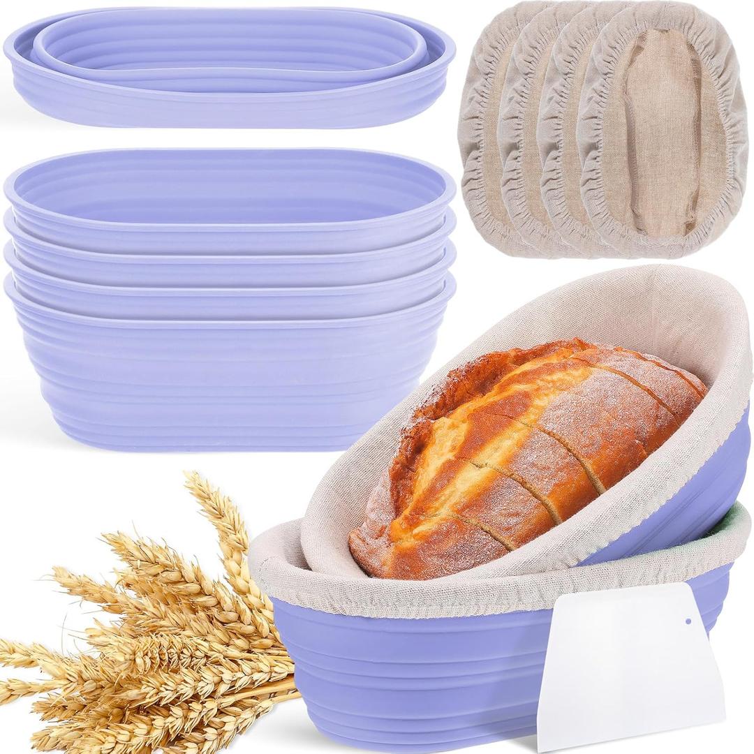 Nuogo 4 Pack Oval Bread Proofing Basket Silicone 10 Inch Collapsible Sourdough Bread Baking Supplies Dough Proofing Bowl with 4 Pcs Dough Scraper and 4 Pcs Basket Covers(Purple)