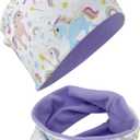 Unicorn Kids Girls Beanie Hat & Loop Scarf Set - with Fleece - 95% Cotton - Soft & Easy Care Stretch Material
