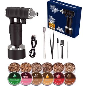 Whiskey Smoker Electric Set Bourbon Christmas Gifts for Men Old Fashioned Smoker Drink With 6 Wood Chips and 6 Whiskey Stones Food and Cocktail Smoked Kitchen Bar Tools Cool White Elephant Gifts Black