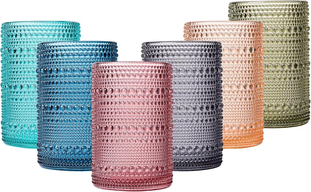 Colored Vintage Hobnail Drinking Glasses Set of 6, Water Tumbler 15oz, Kitchen & Bar Beaded Highball Glasses, Beverage Glass Cups for Water, Beer, Juice,Christmas and New Year gifts