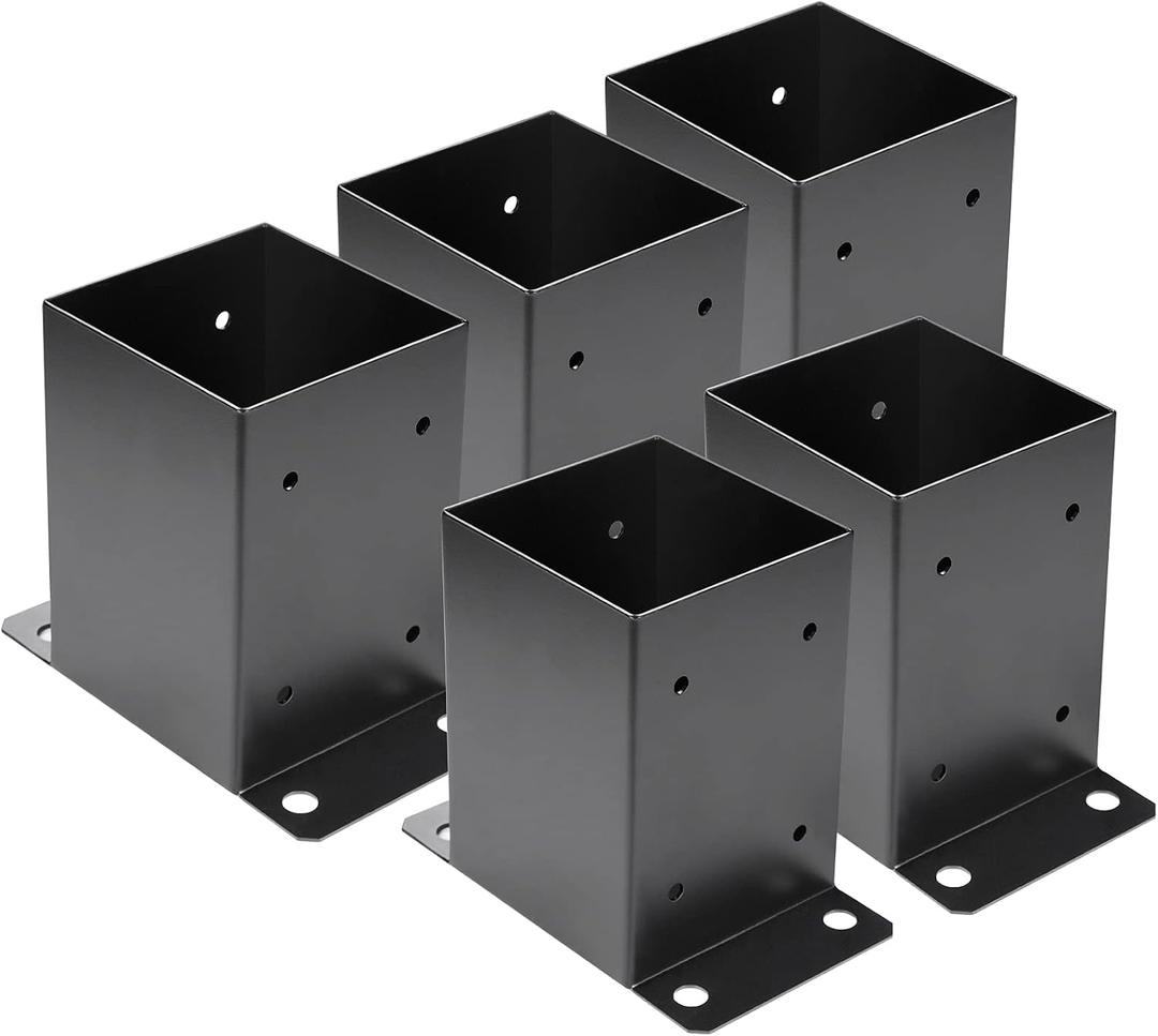 4 x 4 Post Base 5 PCS,Inner Size 3.6"x3.6"Deck Post Base,Heavy Duty Metal Black Powder Coated Post Brackets,for Pavilion Deck Railing Support Deck Base Plate, Support Bolt Down.