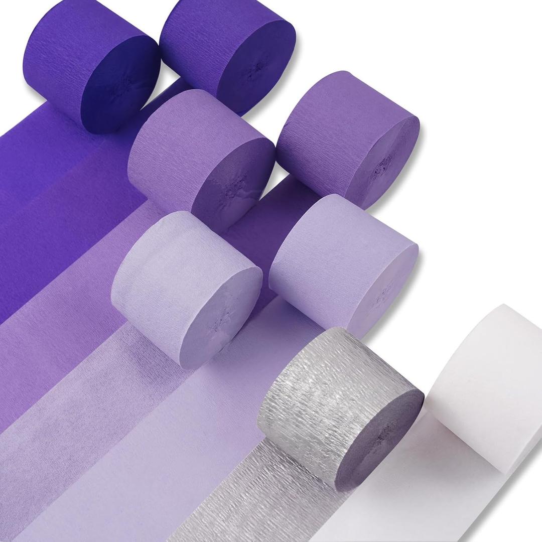 PartyWoo Purple Crepe Paper Streamers 8pcs 656ft Pack of Light Dark Purple Lavender White Silver Crepe Paper Streamers for Birthday Baby Shower Graduation Princess Butterfly Theme Party Decorations