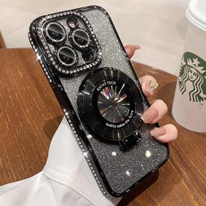 Magnetic Kickstand Case for iPhone 15 Pro Max (Compatible with Magsafe)Cover Sparkly Shiny Rhinestone Glitter Cases, Black