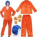 4 Pcs Halloween Horror Movie Costume Accessories Set, Womens Pajamas Set Orange Outfit, Blue Wig, Striped Gloves for Women Cosplay Party